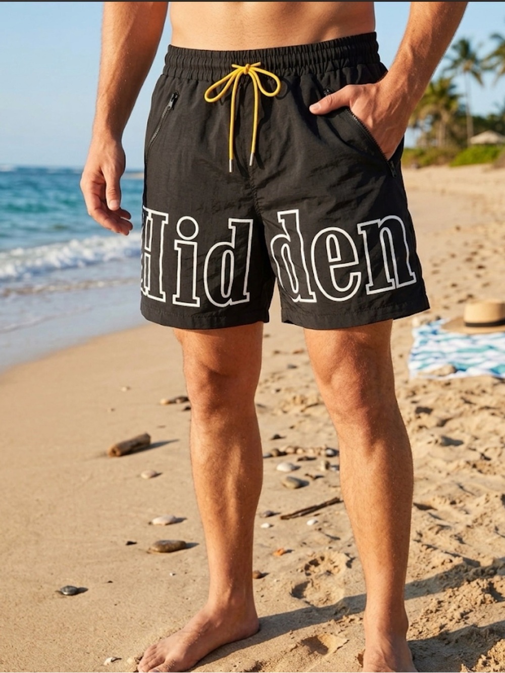 Men's Black 'Hidden' Swim Trunks with Yellow Drawcord